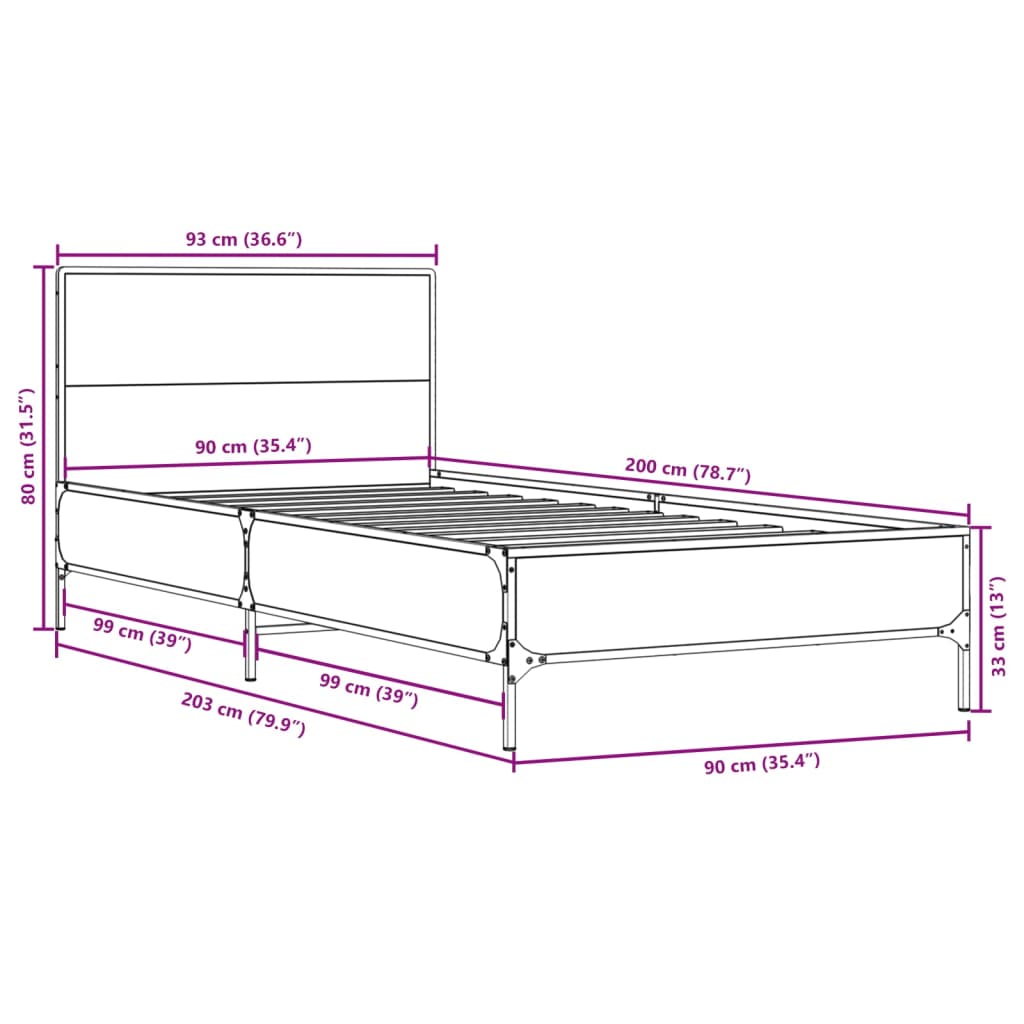 Bedframe bewerkt hout en metaal sonoma eikenkleurig 90x200 cm