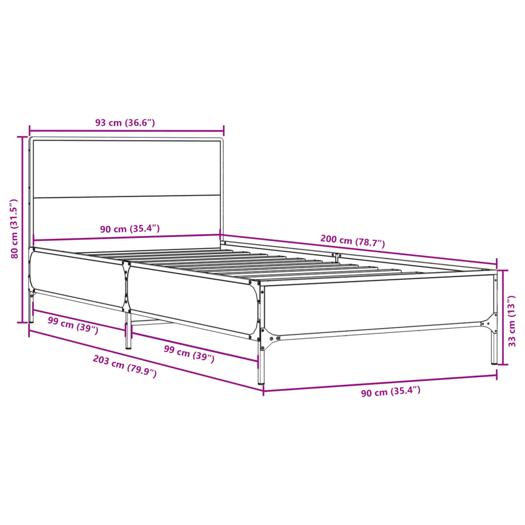 Bedframe bewerkt hout en metaal gerookt eikenkleurig 90x200 cm