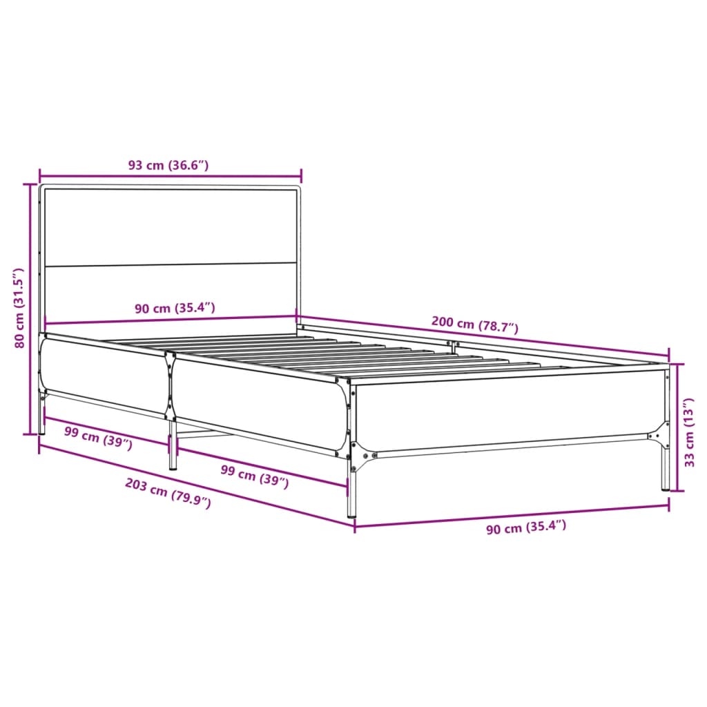 Bedframe bewerkt hout en metaal bruin eikenkleurig 90x200 cm