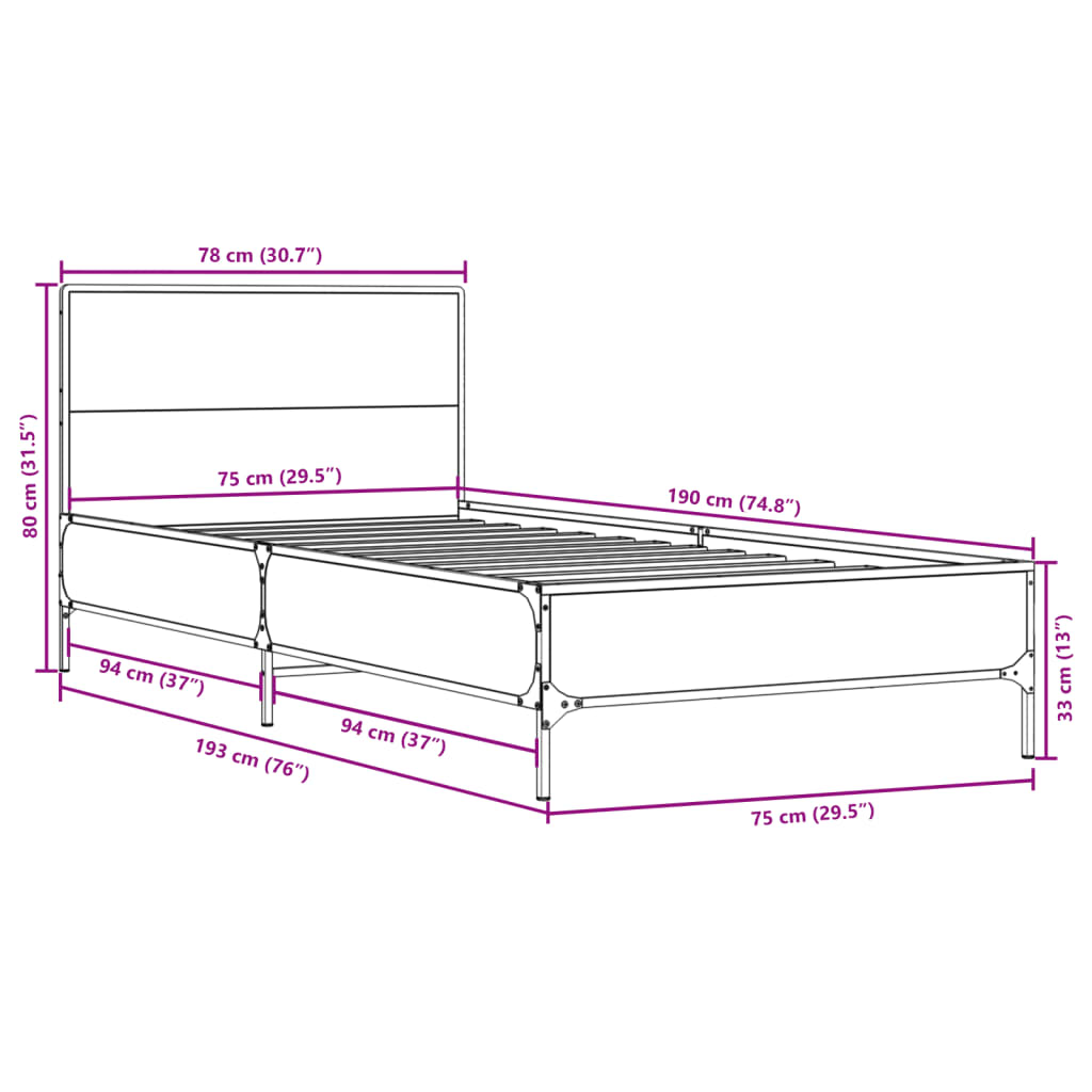 Bedframe bewerkt hout en metaal grijs sonoma eiken 75x190 cm