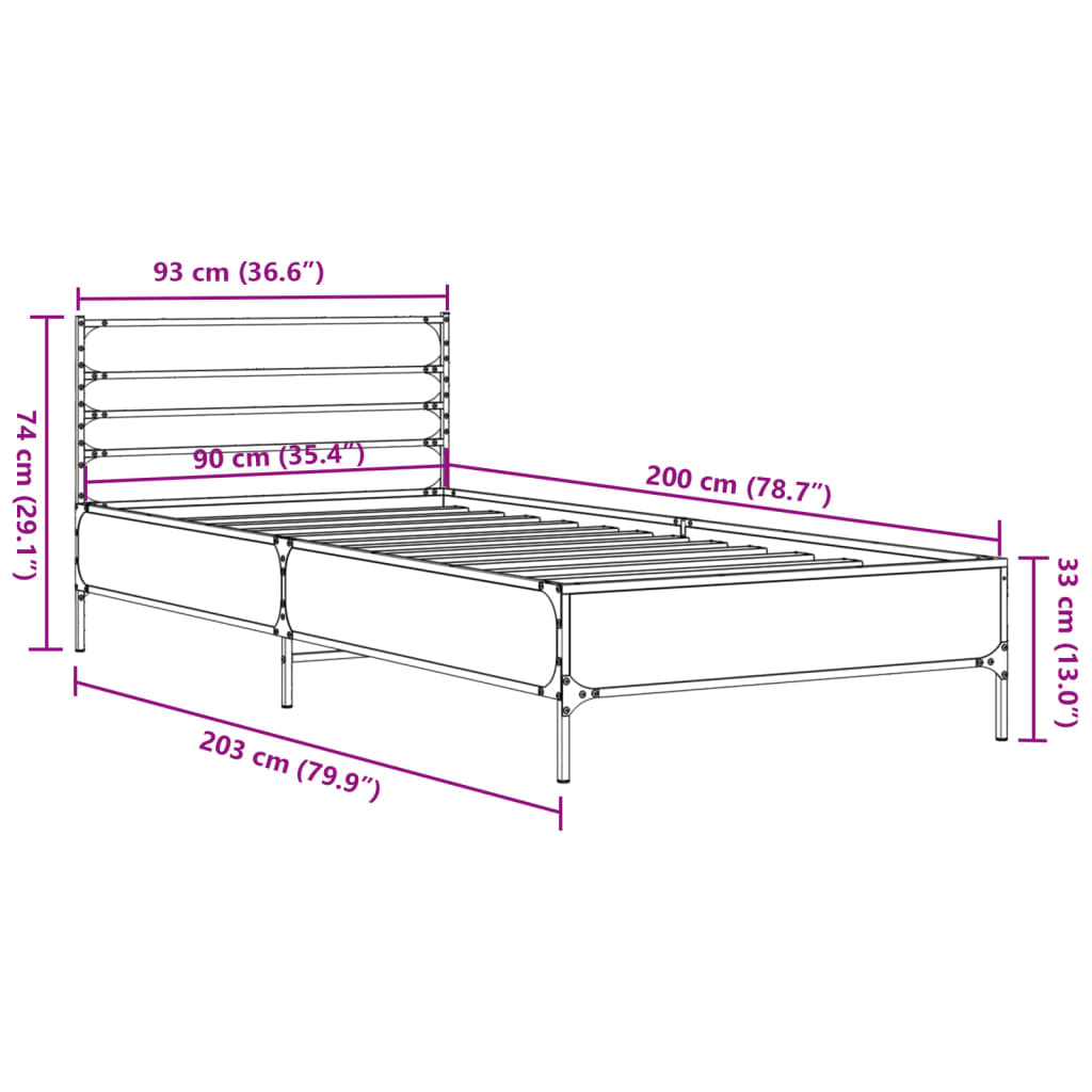 Bedframe bewerkt hout en metaal gerookt eikenkleurig 90x200 cm