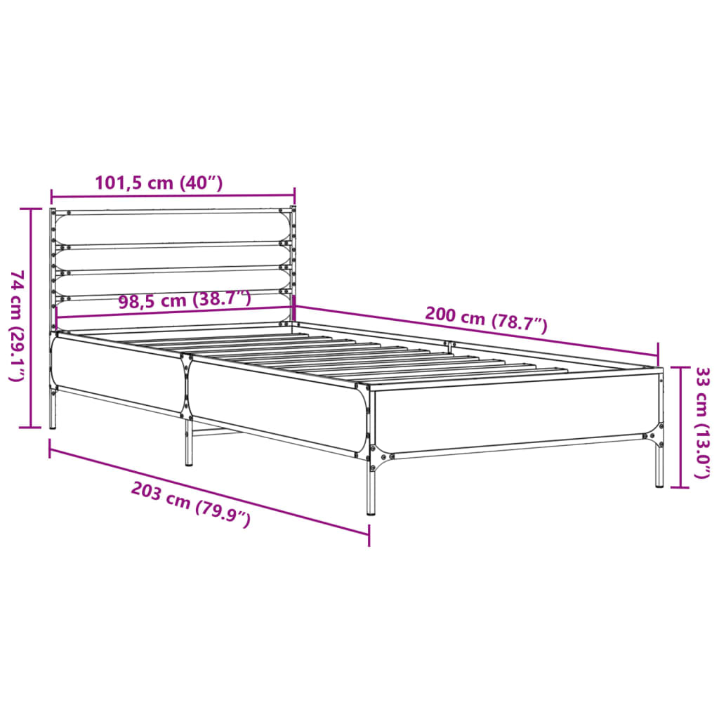 Bedframe bewerkt hout en metaal sonoma eikenkleurig 100x200 cm