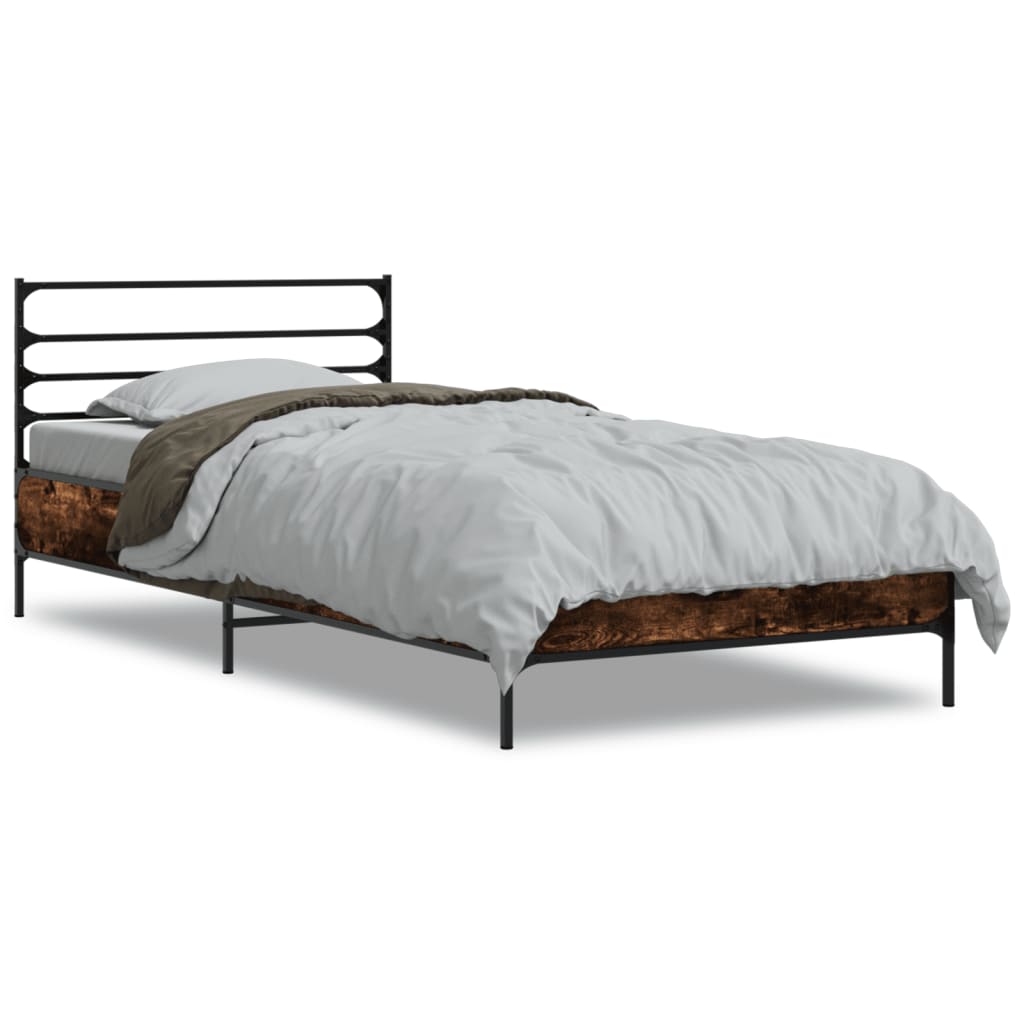 Bedframe bewerkt hout en metaal gerookt eikenkleurig 75x190 cm