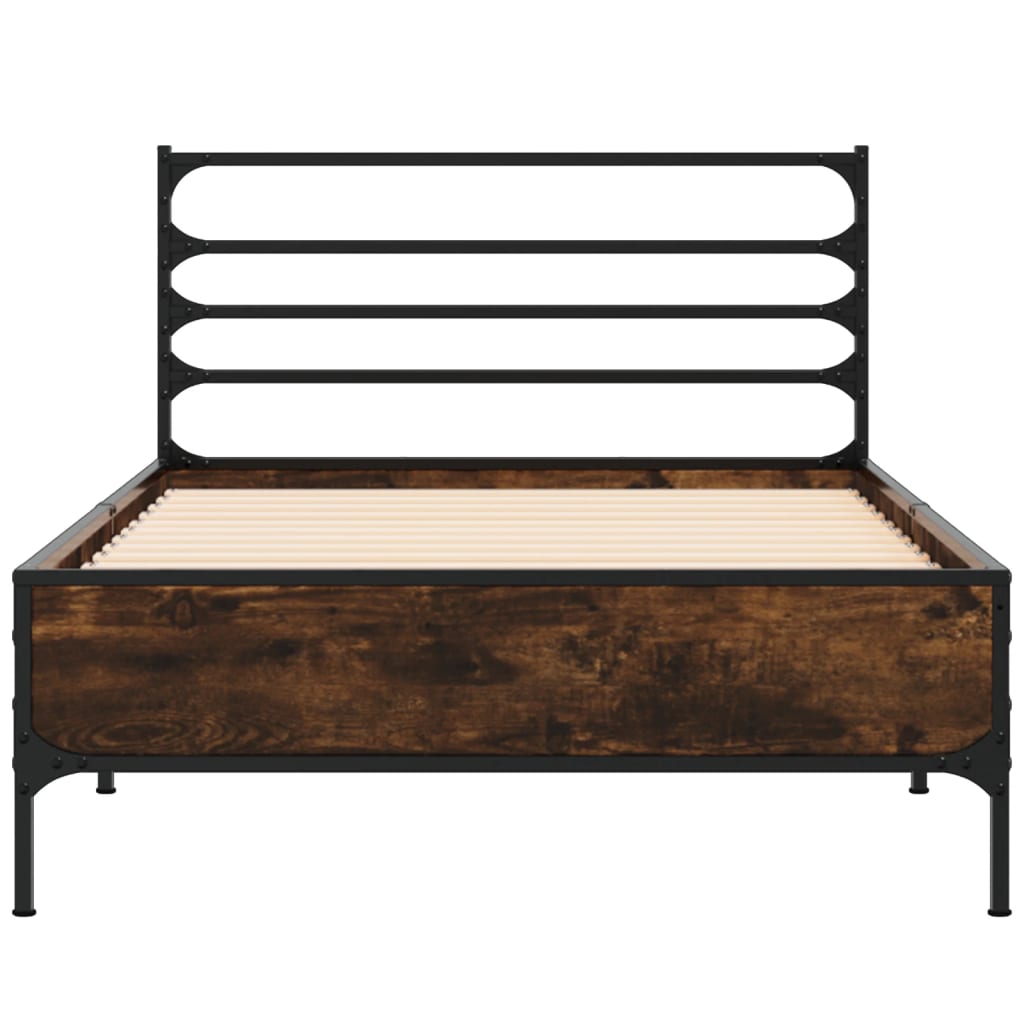 Bedframe bewerkt hout en metaal gerookt eikenkleurig 75x190 cm