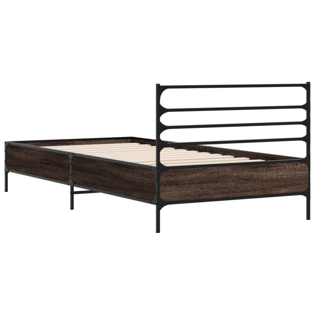 Bedframe bewerkt hout en metaal bruin eikenkleurig 75x190 cm