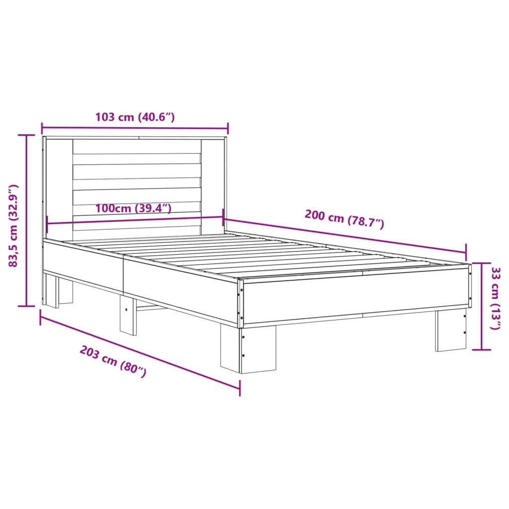 Bedframe bewerkt hout en metaal sonoma eikenkleurig 100x200 cm