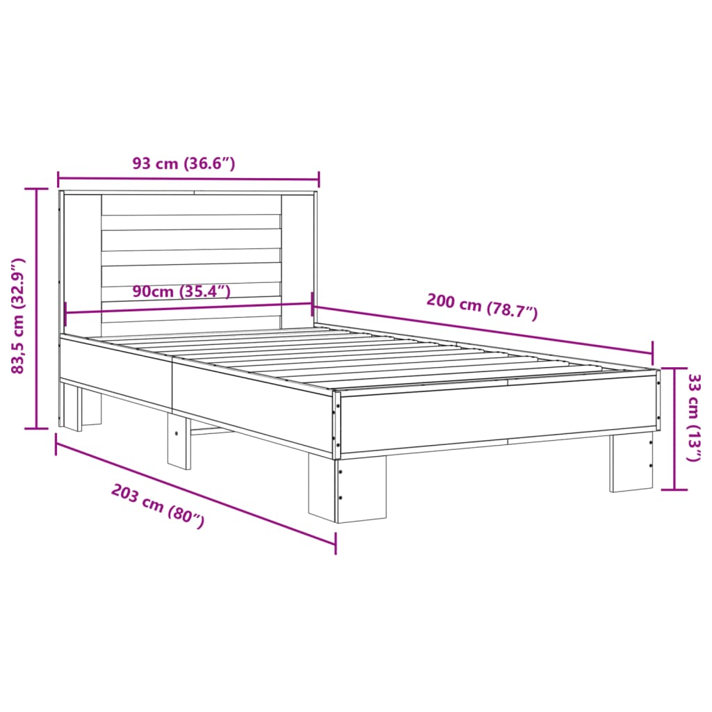 Bedframe bewerkt hout en metaal sonoma eikenkleurig 90x200 cm