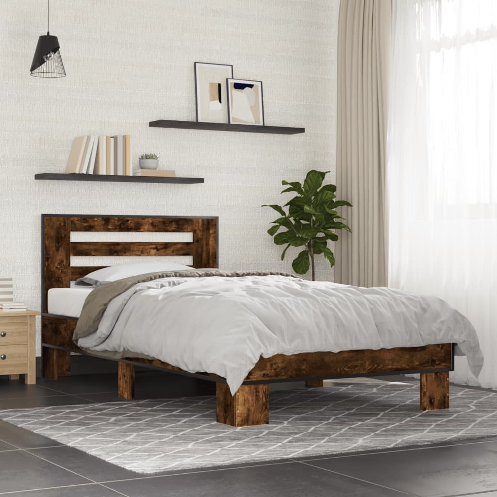 Bedframe bewerkt hout en metaal gerookt eikenkleurig 90x200 cm