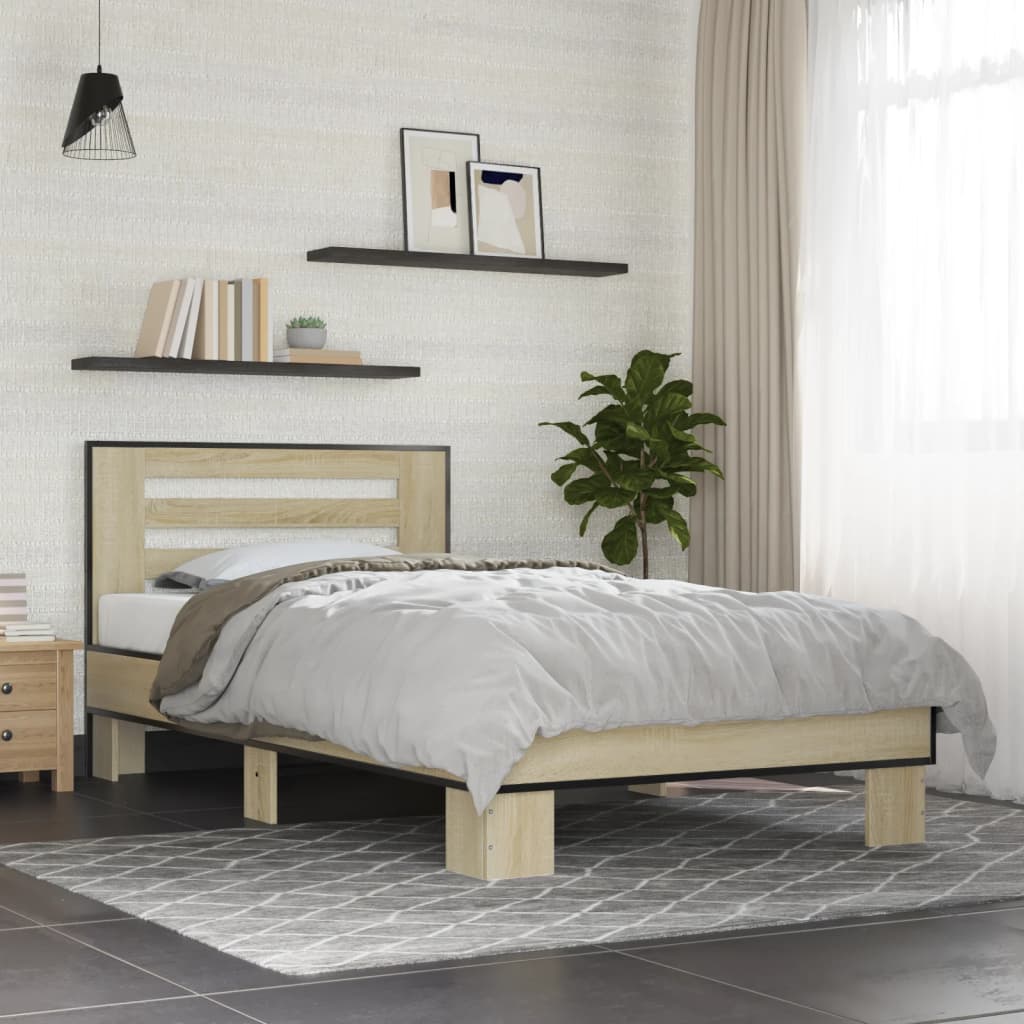 Bedframe bewerkt hout en metaal sonoma eikenkleurig 75x190 cm