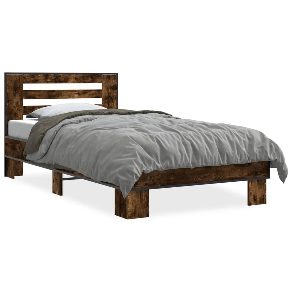 Bedframe bewerkt hout en metaal gerookt eikenkleurig 75x190 cm