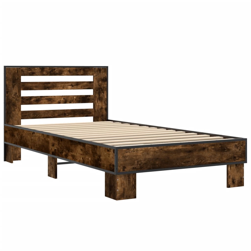 Bedframe bewerkt hout en metaal gerookt eikenkleurig 75x190 cm