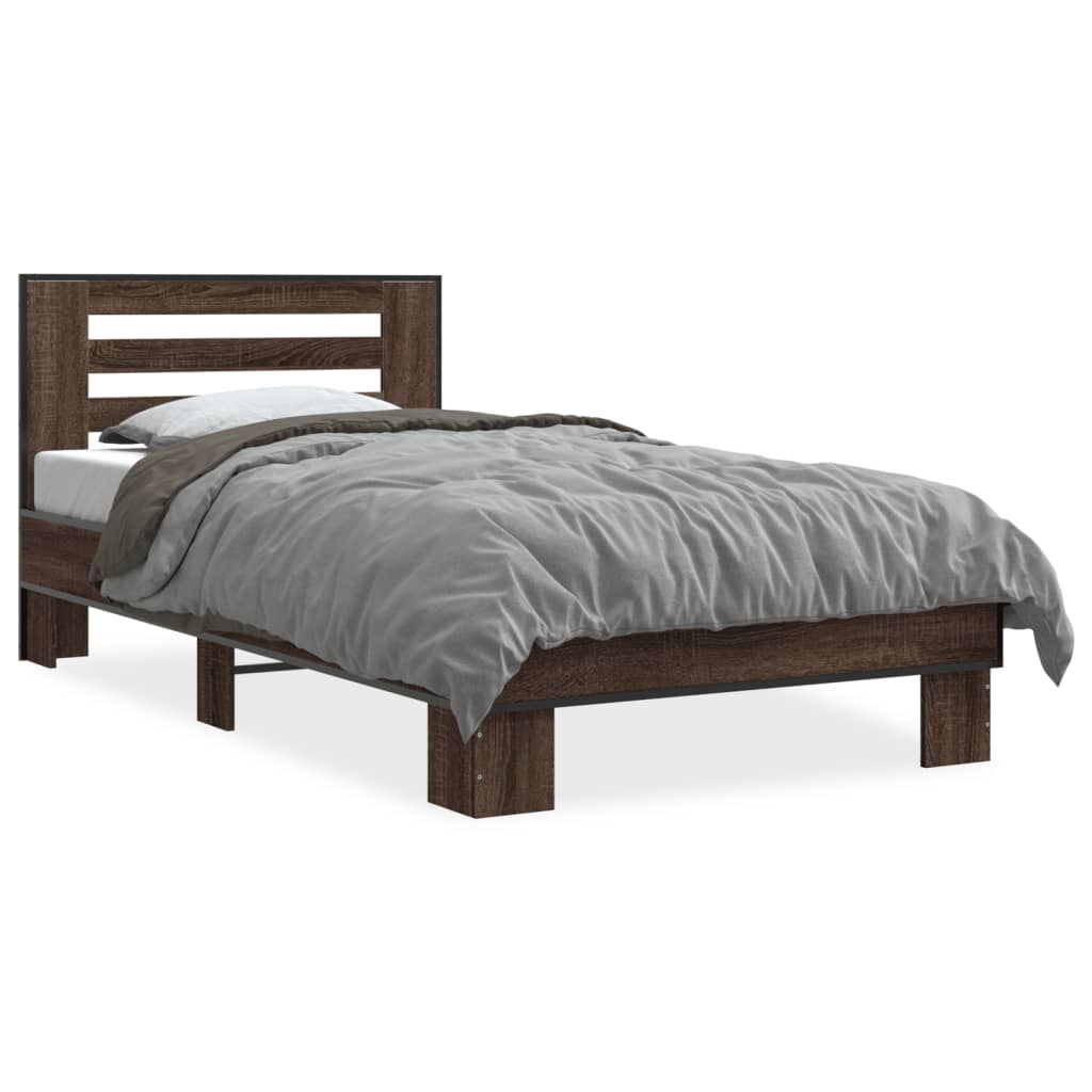 Bedframe bewerkt hout en metaal bruin eikenkleurig 75x190 cm