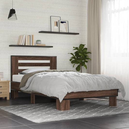 Bedframe bewerkt hout en metaal bruin eikenkleurig 75x190 cm