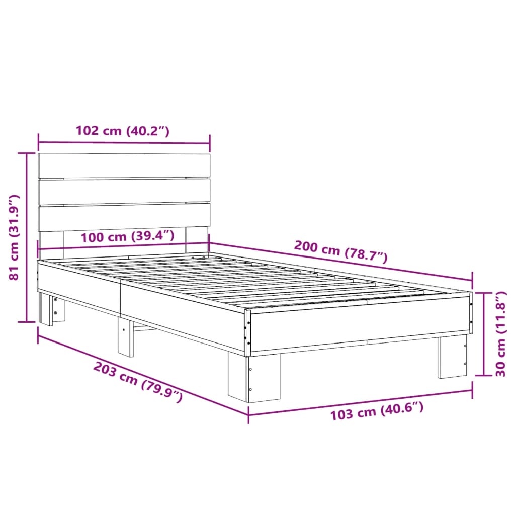 Bedframe bewerkt hout en metaal zwart 100x200 cm