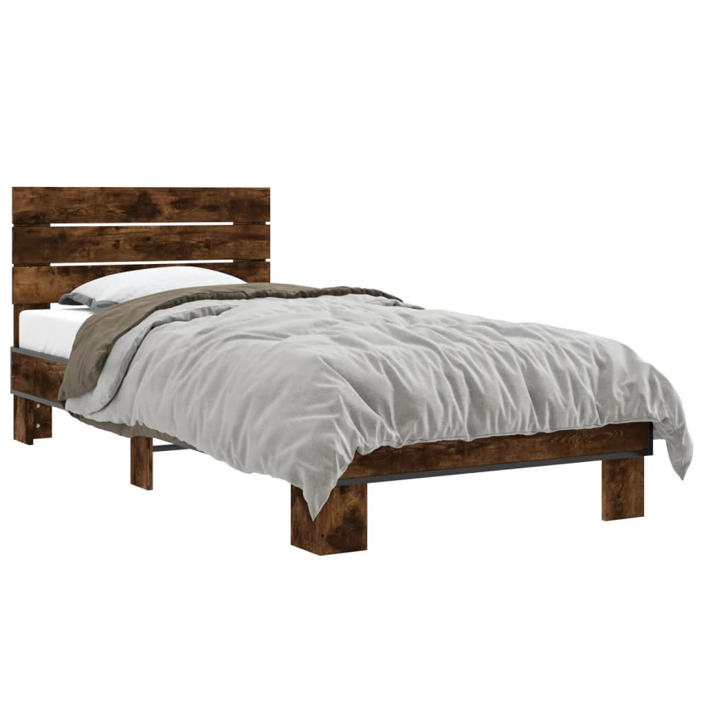 Bedframe bewerkt hout en metaal gerookt eikenkleurig 100x200 cm