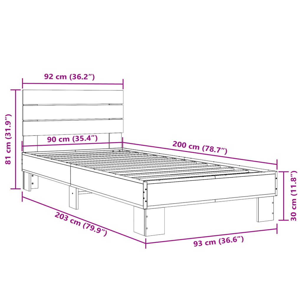 Bedframe bewerkt hout en metaal sonoma eikenkleurig 90x200 cm