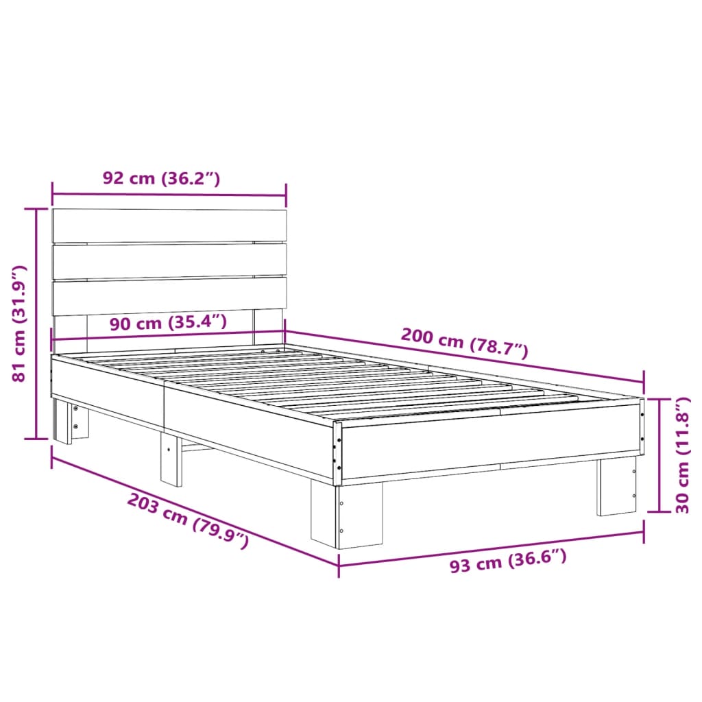 Bedframe bewerkt hout en metaal gerookt eikenkleurig 90x200 cm