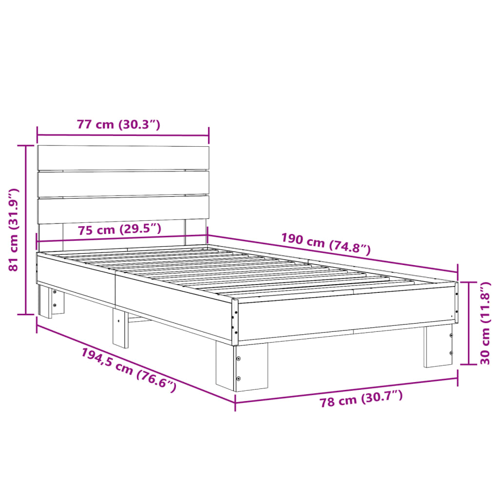 Bedframe bewerkt hout en metaal grijs sonoma eiken 75x190 cm