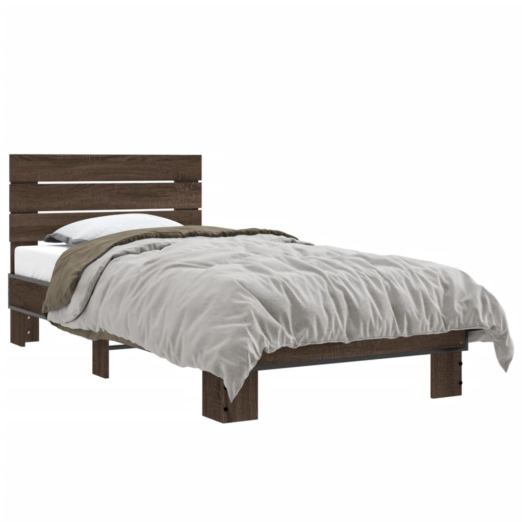 Bedframe bewerkt hout en metaal bruin eikenkleurig 75x190 cm