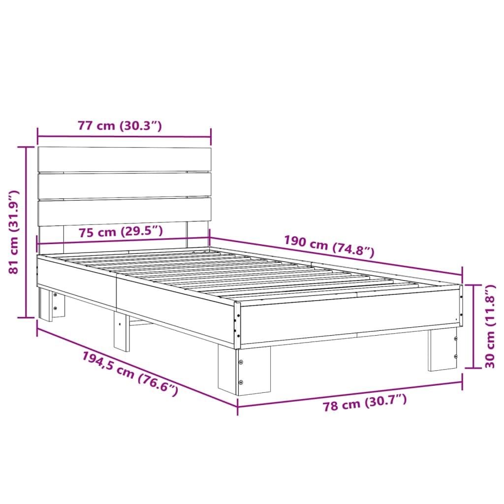 Bedframe bewerkt hout en metaal bruin eikenkleurig 75x190 cm