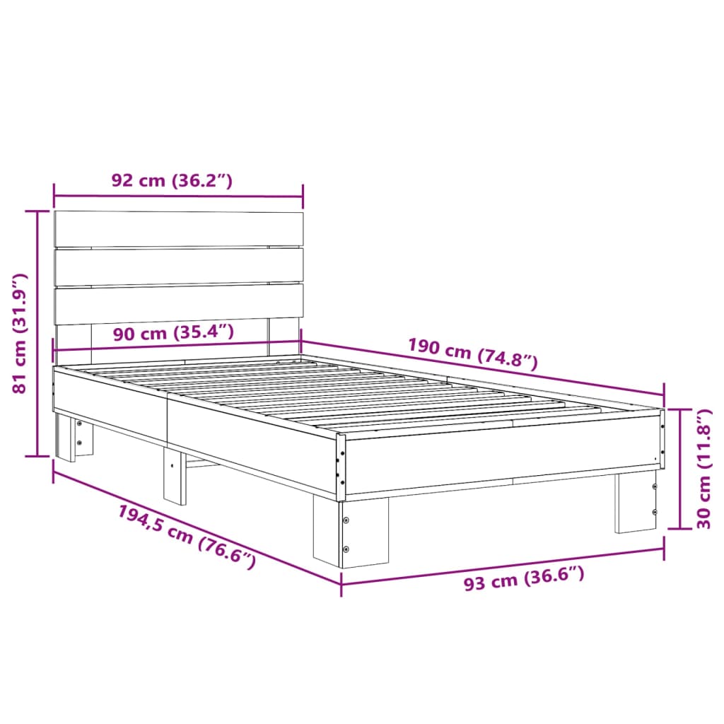 Bedframe bewerkt hout en metaal gerookt eikenkleurig 90x190 cm