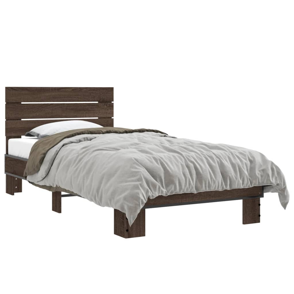 Bedframe bewerkt hout en metaal bruin eikenkleurig 90x190 cm