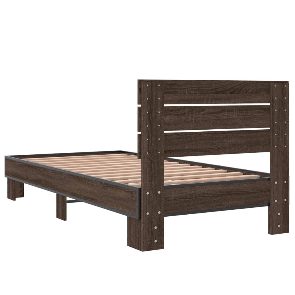 Bedframe bewerkt hout en metaal bruin eikenkleurig 90x190 cm