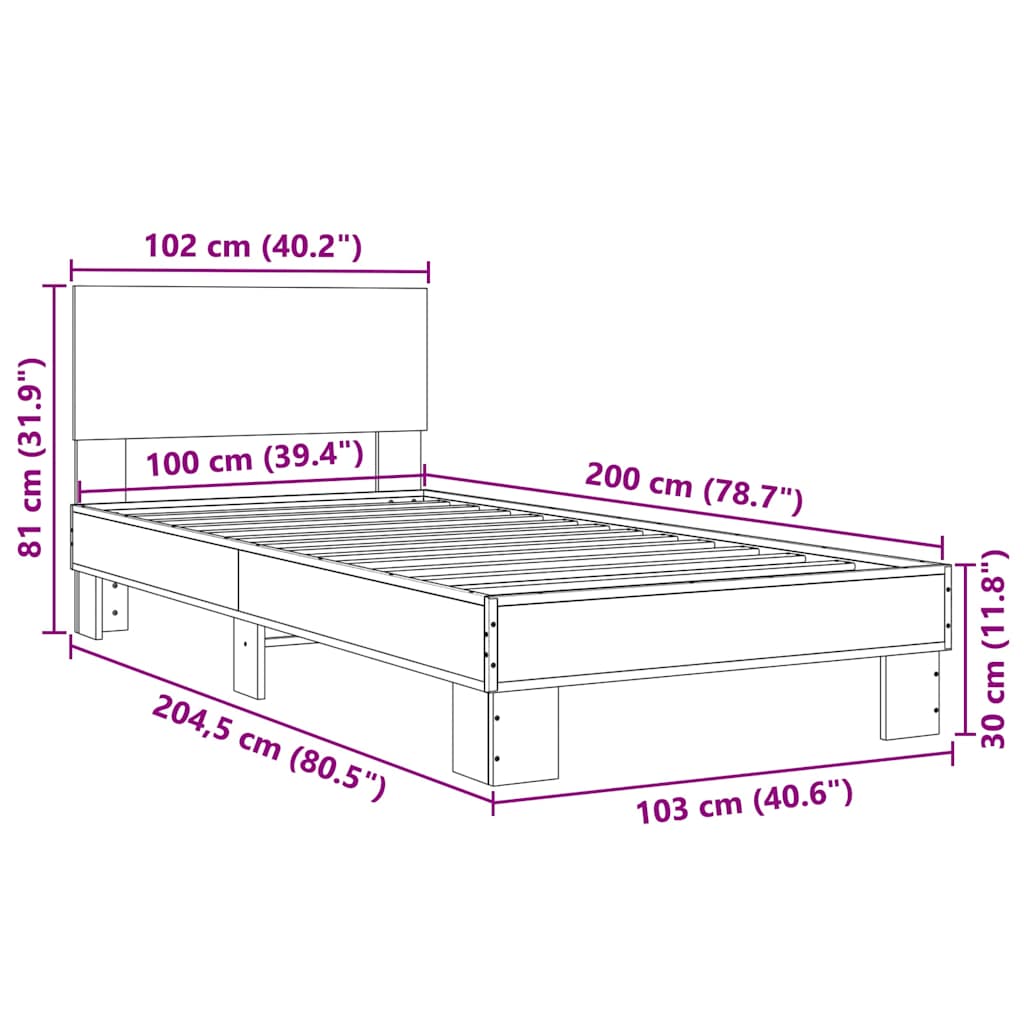 Bedframe bewerkt hout en metaal grijs sonoma eiken 100x200 cm