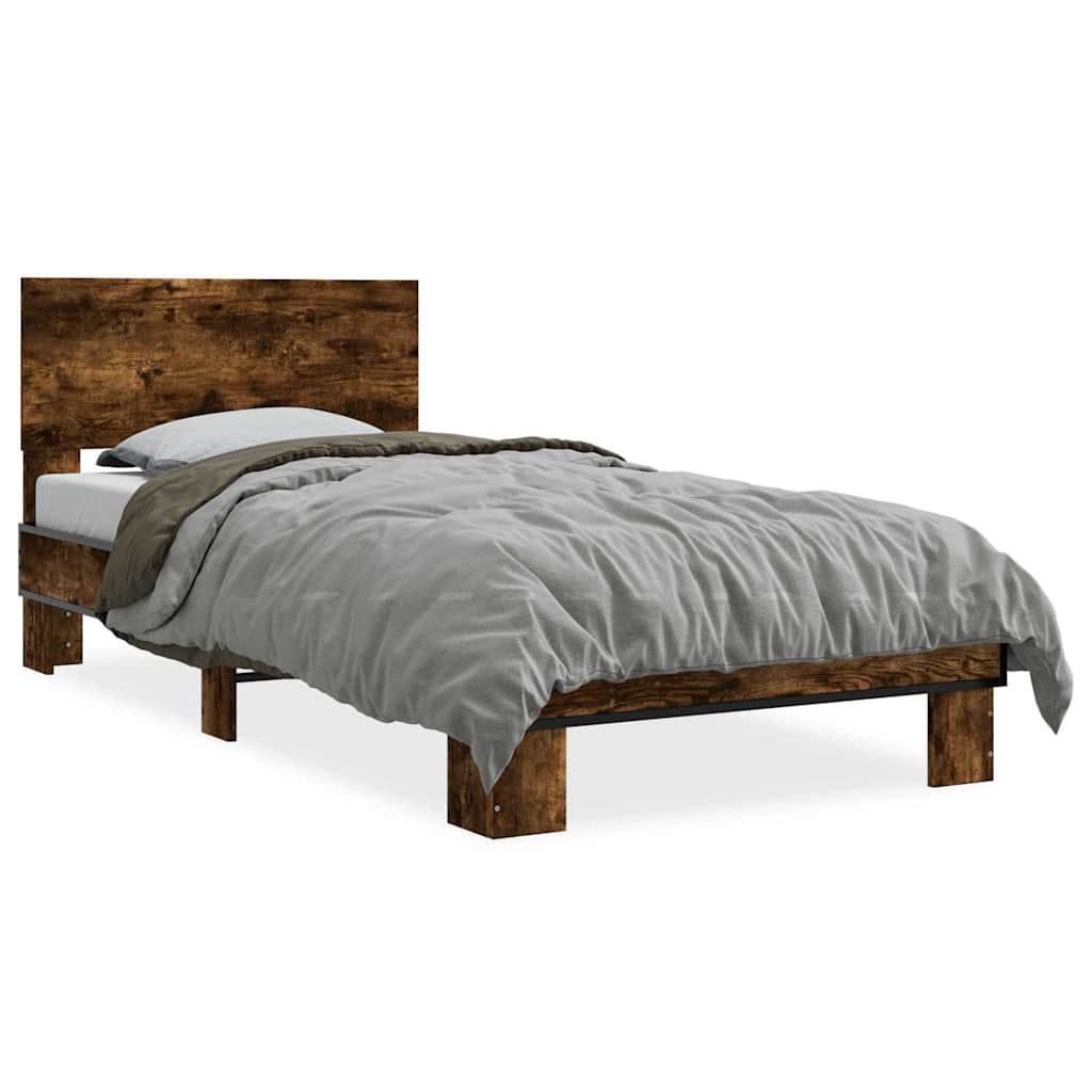 Bedframe bewerkt hout en metaal gerookt eikenkleurig 75x190 cm