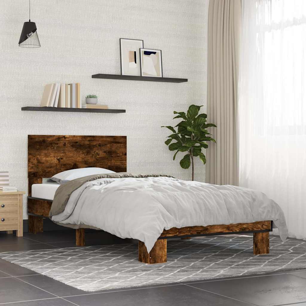 Bedframe bewerkt hout en metaal gerookt eikenkleurig 75x190 cm