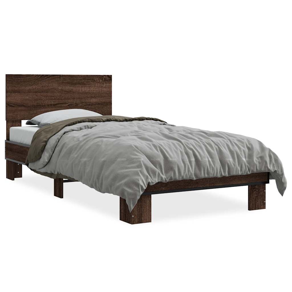 Bedframe bewerkt hout en metaal bruin eikenkleurig 75x190 cm