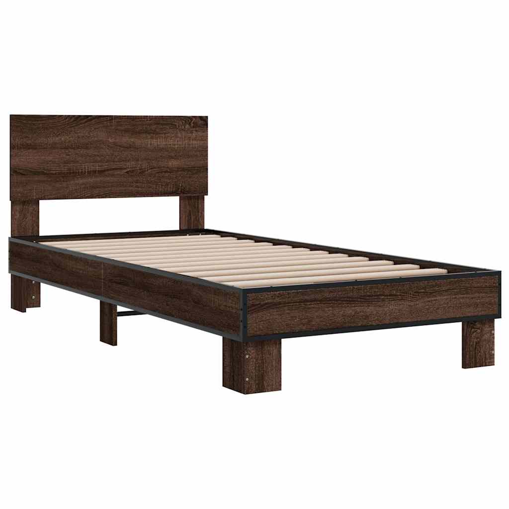 Bedframe bewerkt hout en metaal bruin eikenkleurig 75x190 cm