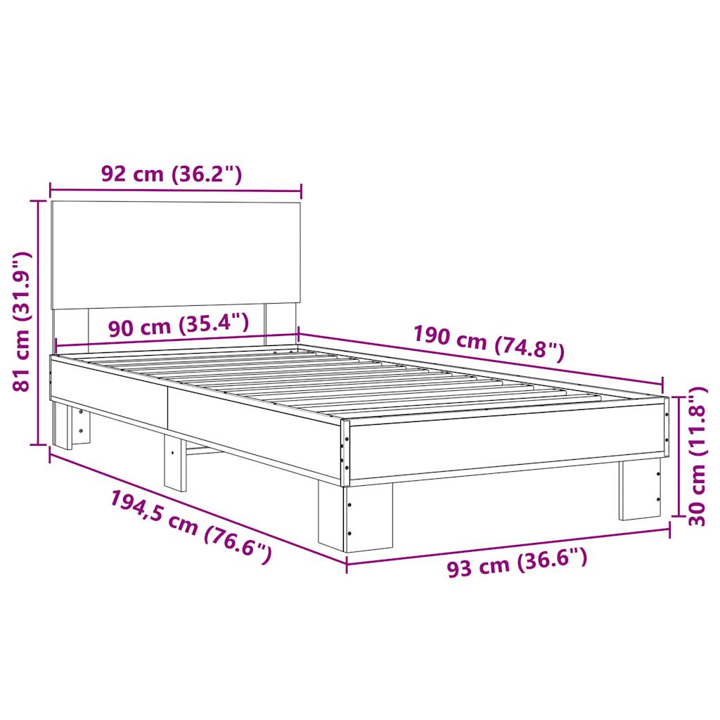 Bedframe bewerkt hout en metaal sonoma eikenkleurig 90x190 cm