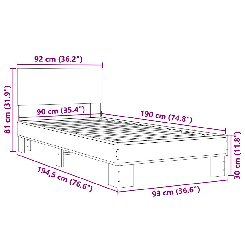 Bedframe bewerkt hout en metaal gerookt eikenkleurig 90x190 cm