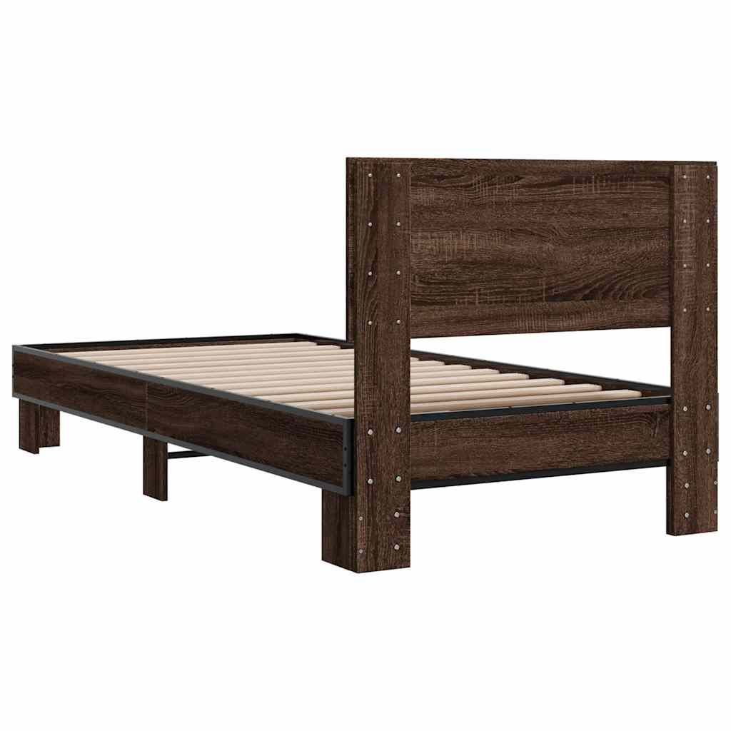 Bedframe bewerkt hout en metaal bruin eikenkleurig 90x190 cm