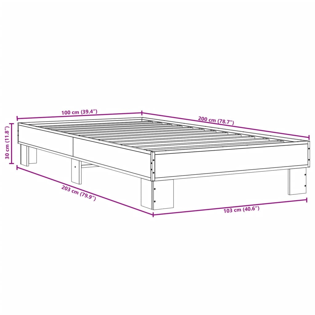 Bedframe bewerkt hout en metaal grijs sonoma eiken 100x200 cm