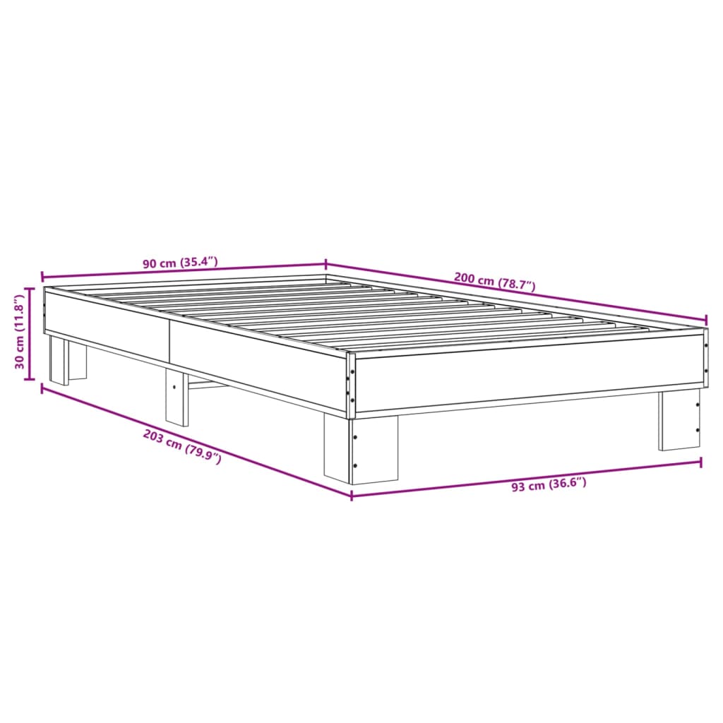 Bedframe bewerkt hout en metaal sonoma eikenkleurig 90x200 cm