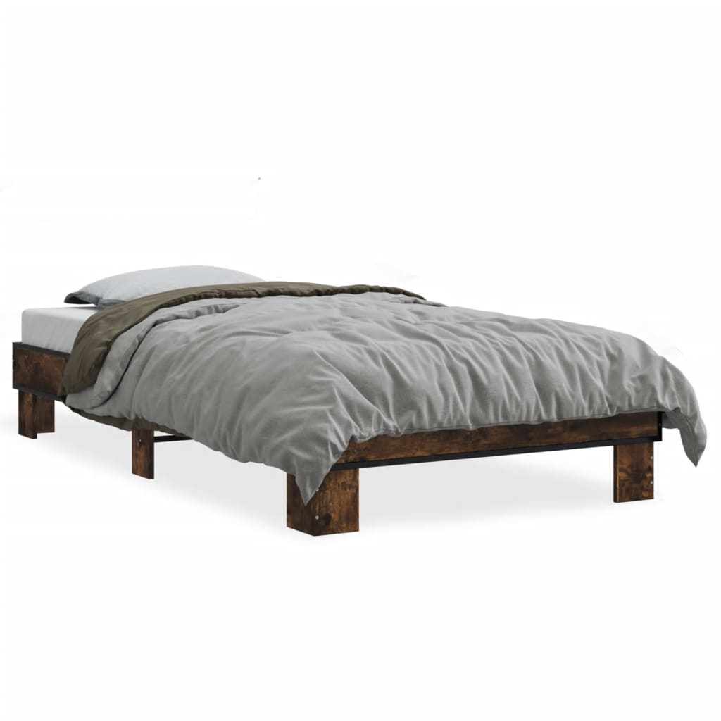 Bedframe bewerkt hout en metaal gerookt eikenkleurig 75x190 cm