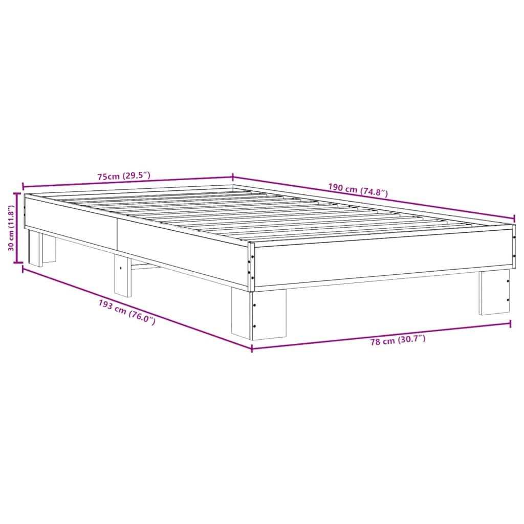 Bedframe bewerkt hout en metaal gerookt eikenkleurig 75x190 cm