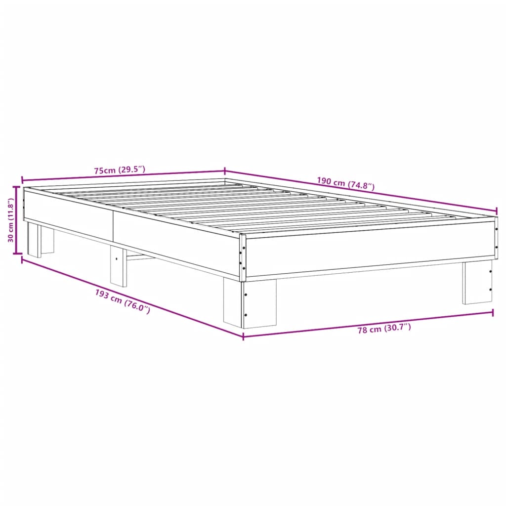 Bedframe bewerkt hout en metaal grijs sonoma eiken 75x190 cm