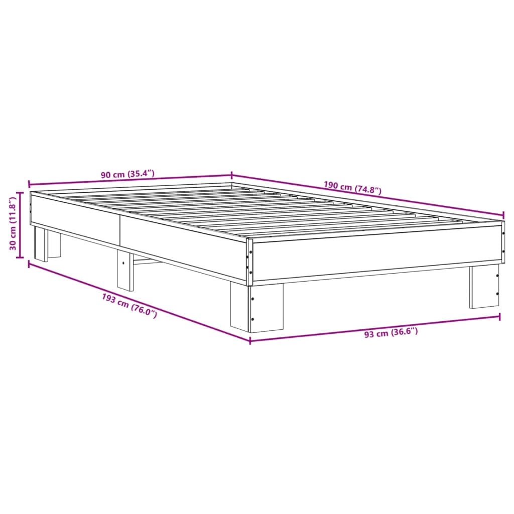 Bedframe bewerkt hout en metaal sonoma eikenkleurig 90x190 cm