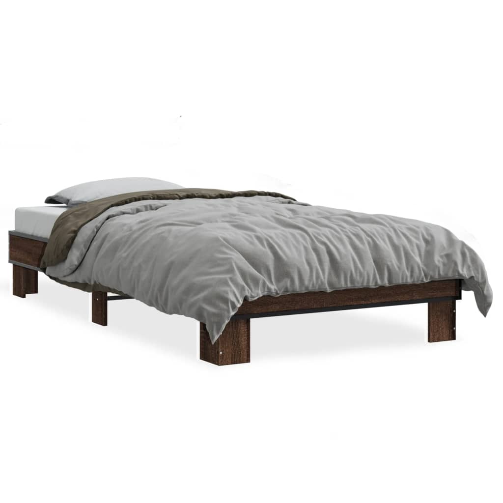 Bedframe bewerkt hout en metaal bruin eikenkleurig 90x190 cm