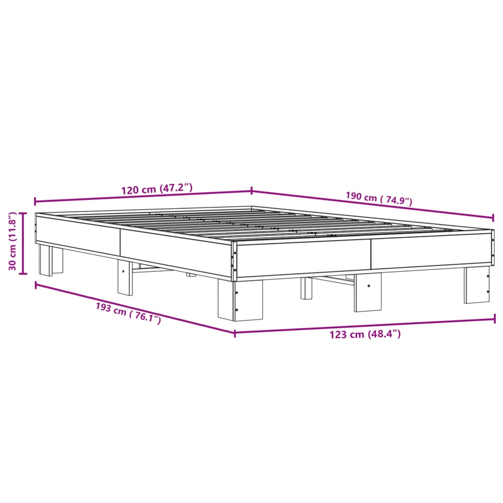 Bedframe bewerkt hout metaal gerookt eikenkleurig 120x190 cm