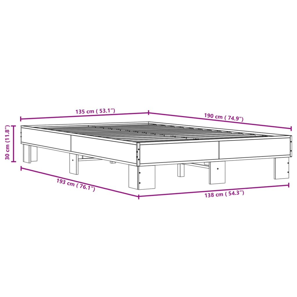 Bedframe bewerkt hout metaal bruin eikenkleur 135x190 cm