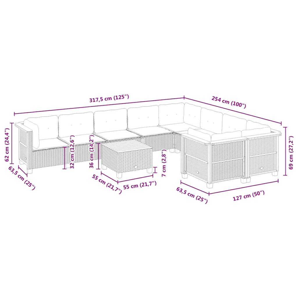 10-delige Loungeset met kussens poly rattan beige