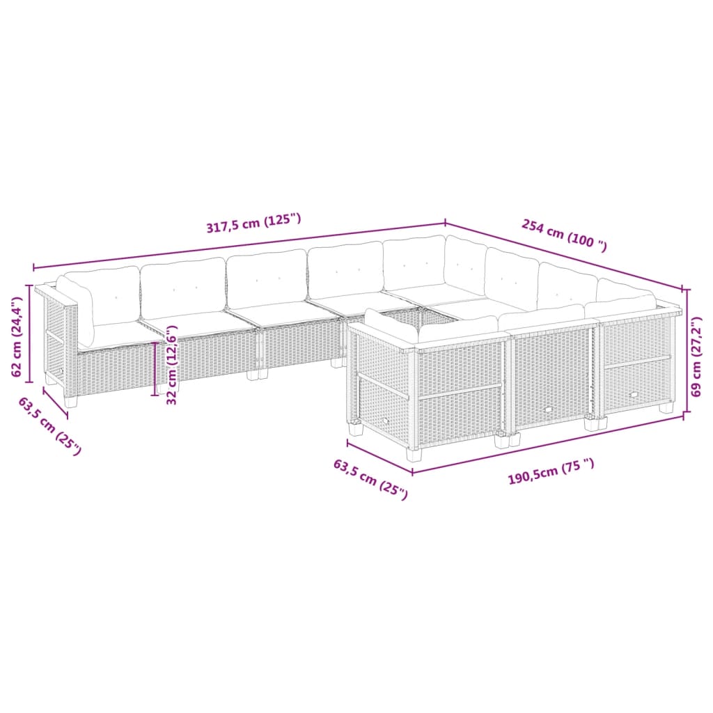 10-delige Loungeset met kussens poly rattan beige