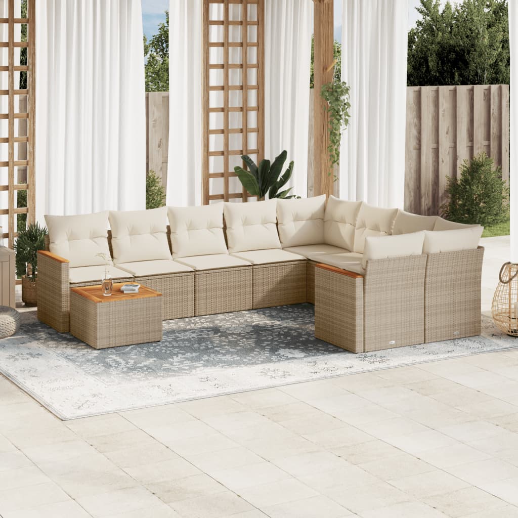 10-delige Loungeset met kussens poly rattan beige