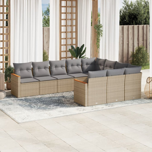 10-delige Loungeset met kussens poly rattan beige