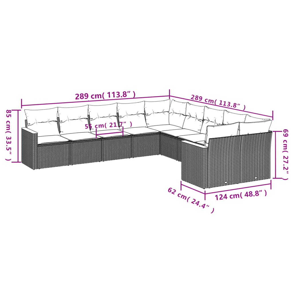 10-delige Loungeset met kussens poly rattan beige