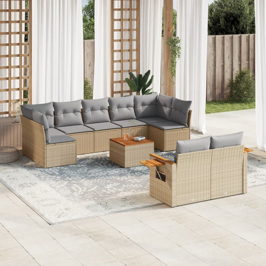 10-delige Loungeset met kussens poly rattan beige